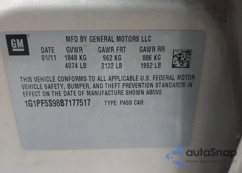 2011 Chevrolet Cruze 1Lt из США, поврежденный, VIN 1G1PF5S98B7177517